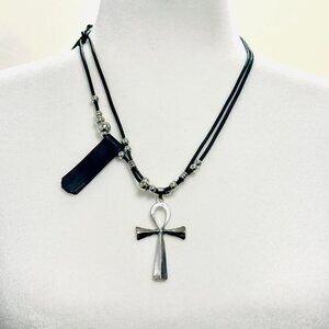 Black leather necklace with silver beads and Egyptian cross pendant